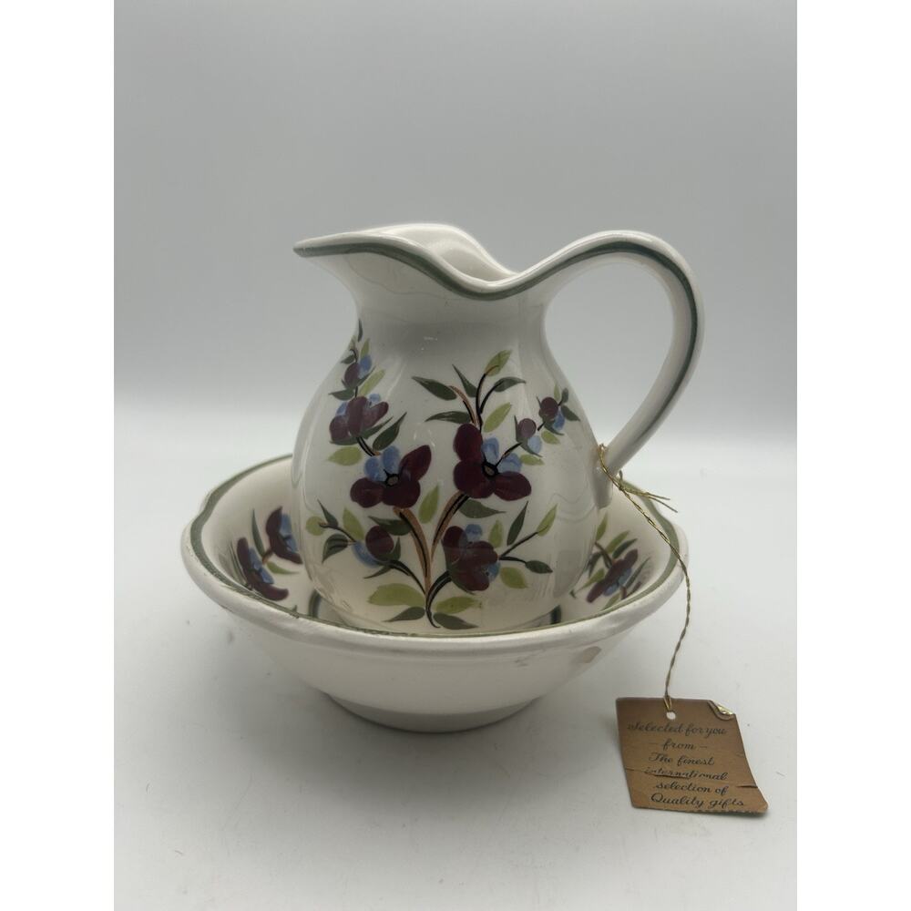 Vintage Enesco Miniature Porcelain Pitcher & Basin Floral Plum 5” Tall